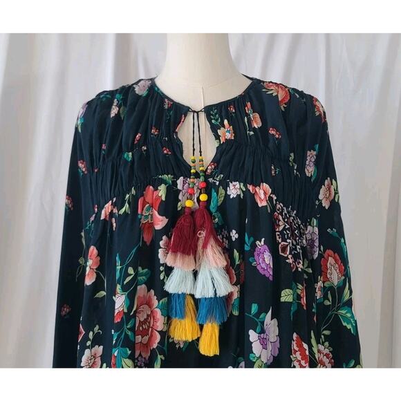 Johnny Was Womens Designer Black Embroidered Multi Harley Top Small Tasseled - Picture 4 of 7